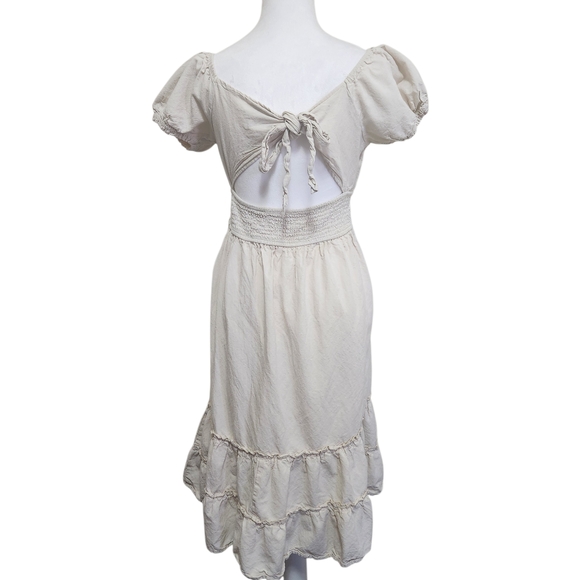💐Vtg Cottagecore Dress MED Cream Midi Smocked Milk Maid Prairie Boho Peasant - Picture 3 of 14